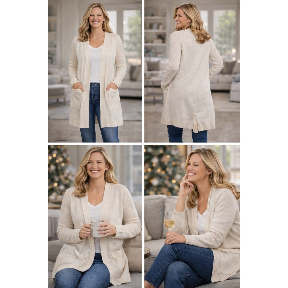 Ellen Tracy Cardigan Womens S Cream Shimmer Open Front Long Knit Sweater Angora